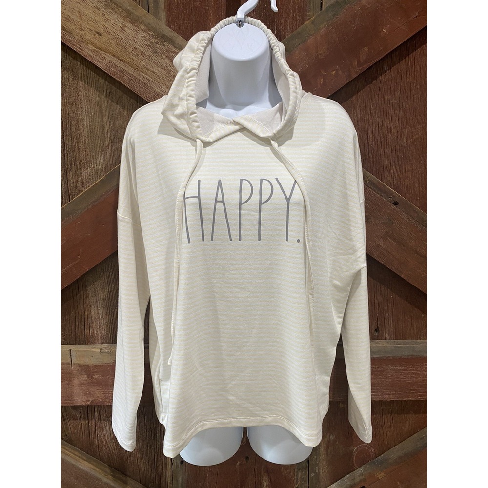 Rae Dunn Happy Sweatshirt Hood Spellout Small Loungewear Pastel Yellow Stripes